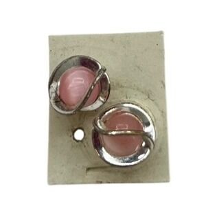 Vintage Silver Tone Pink Cats Eye Swirl Stud Earrings